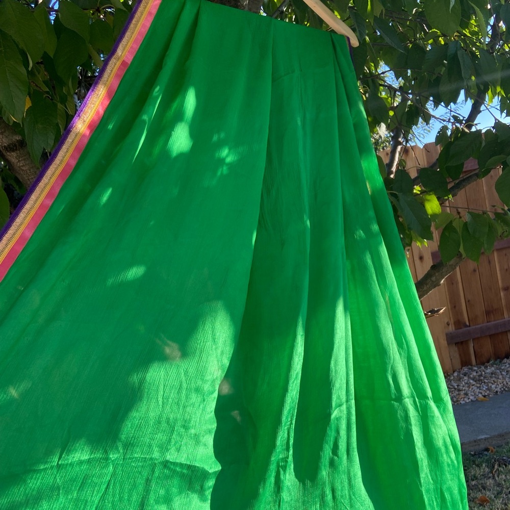 Vibrant Green Sheer Scarf with Multicolor Border - Picture 7 of 7